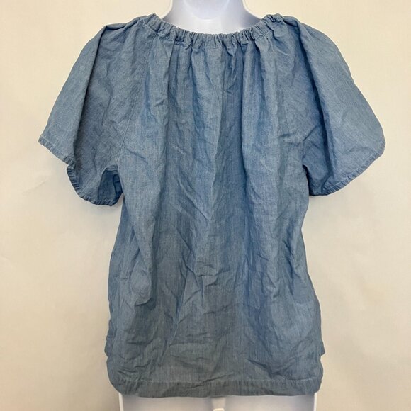 J. Crew Womens Chambray Peasant Top M Short Sleeve Tie Neck Blouse Cottagecore - Picture 6 of 9